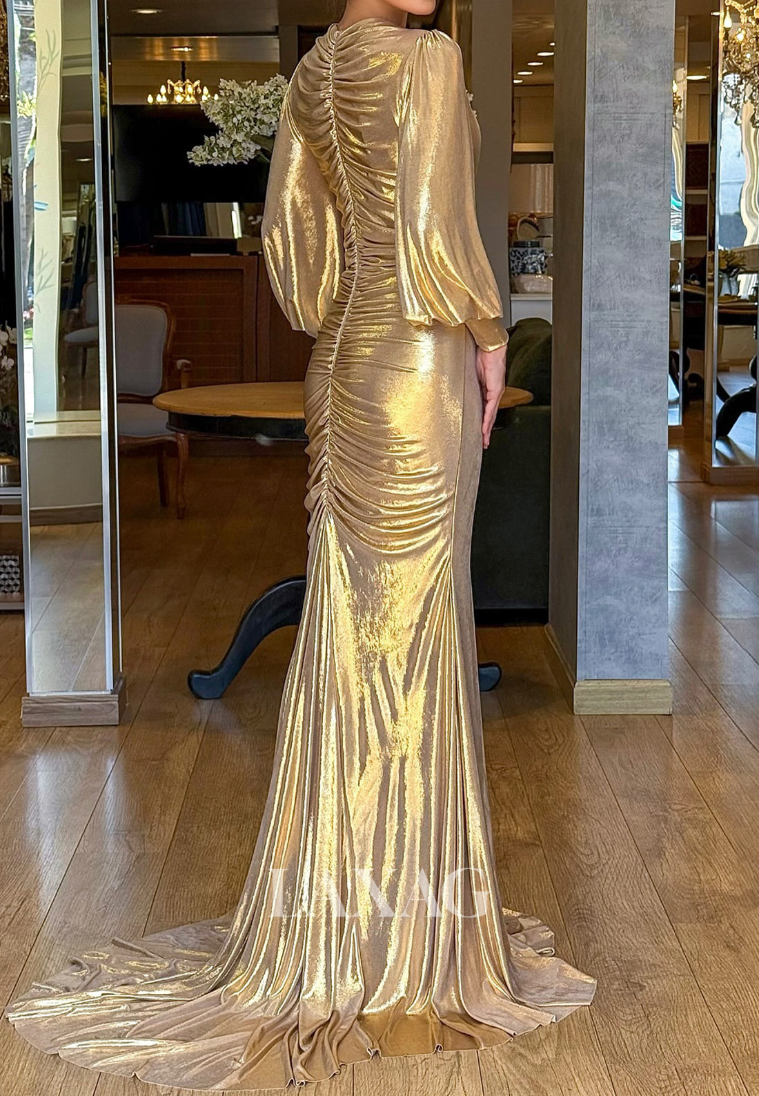 Deep V-Neck Long-Sleeves Formal Gowns Pleated Metallic-Satin Mermaid Evening Dress with Train