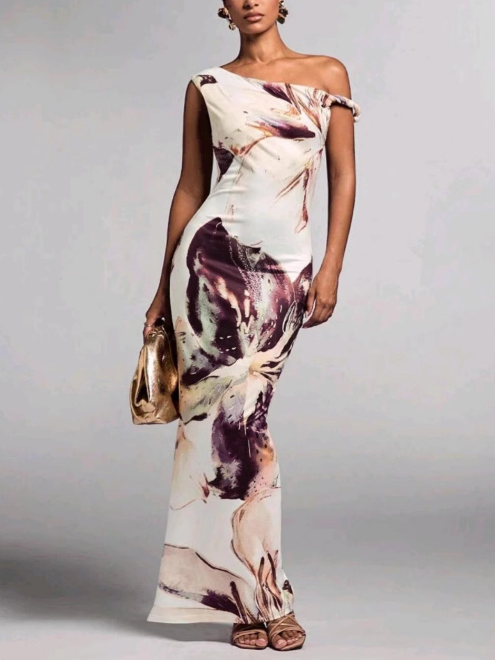Printed pleated one-shoulder maxi dress Purple