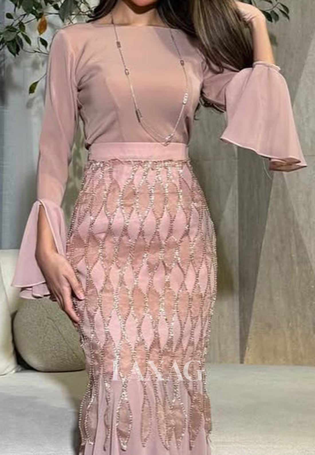 Scoop-Neck Long-Sleeves Sequined Formal Gowns Pleated Chiffon Mermaid Evening Dress