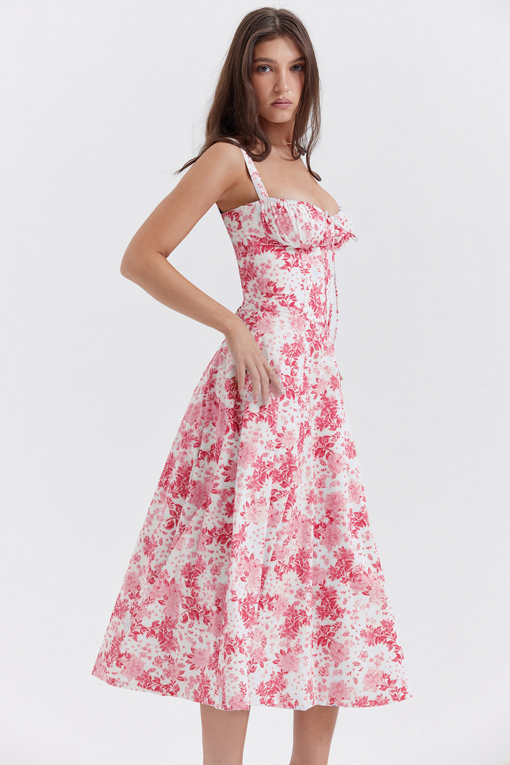Floral Sweetheart Spaghetti Strap Corset Fit and Flare Midi Dress