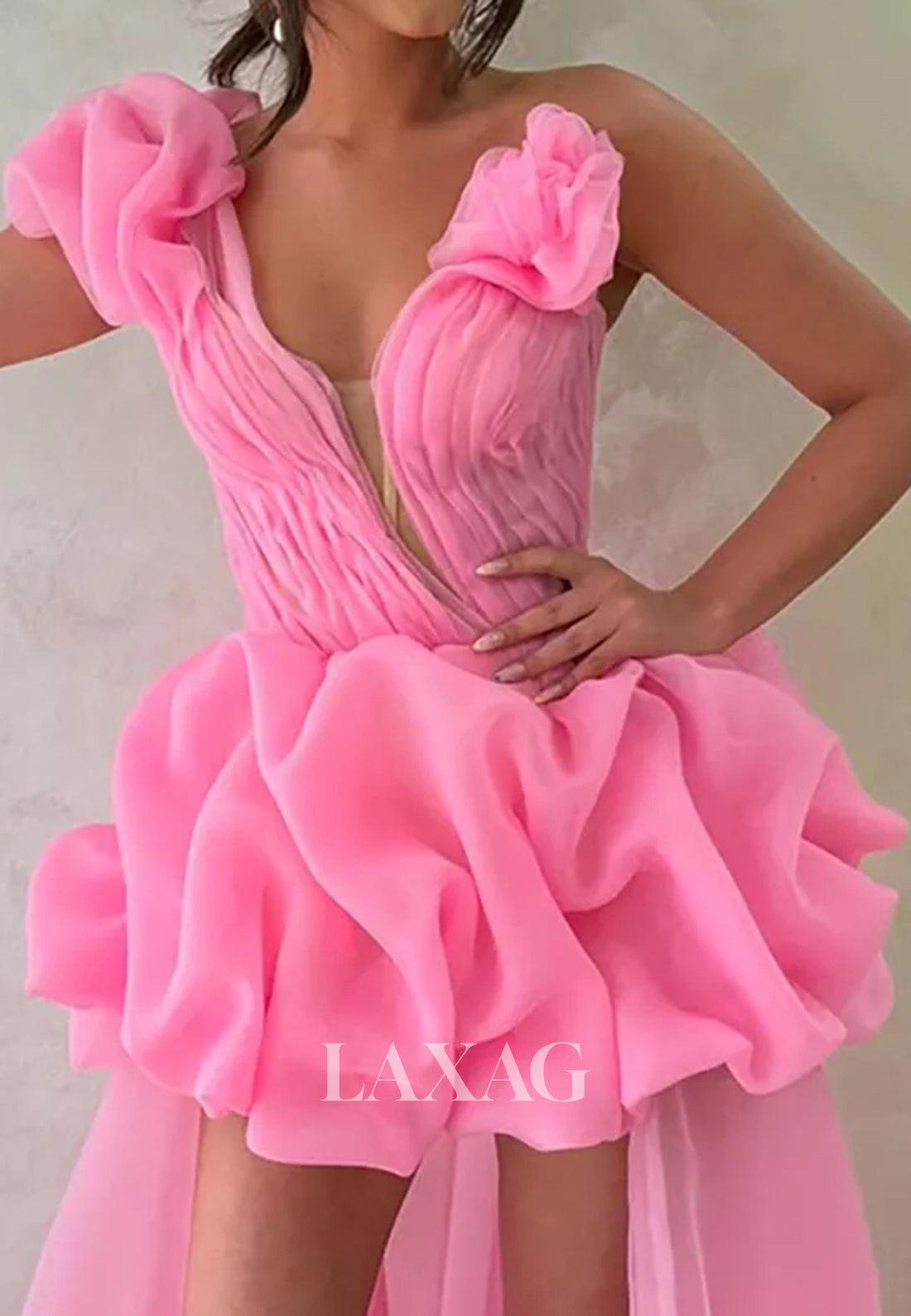 Deep V-Neck Off-Shoulder Sleeveless Chiffon Pleated A-Line Party Homecoming Dress with Train