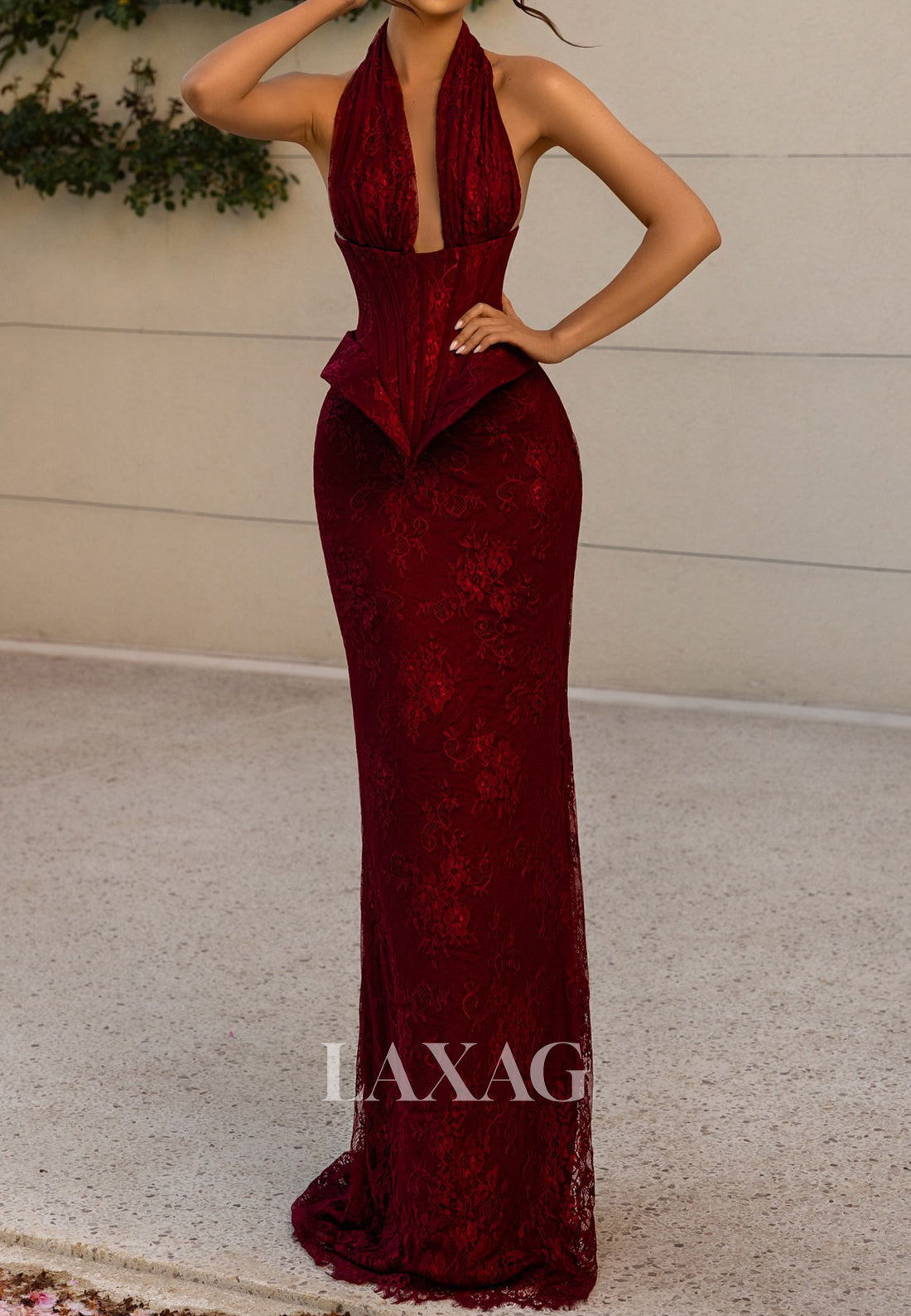 Off-Shoulder Halter-Neck Mermaid Evening Dress Sleeveless Allover Lace Floor-Length Formal Gowns