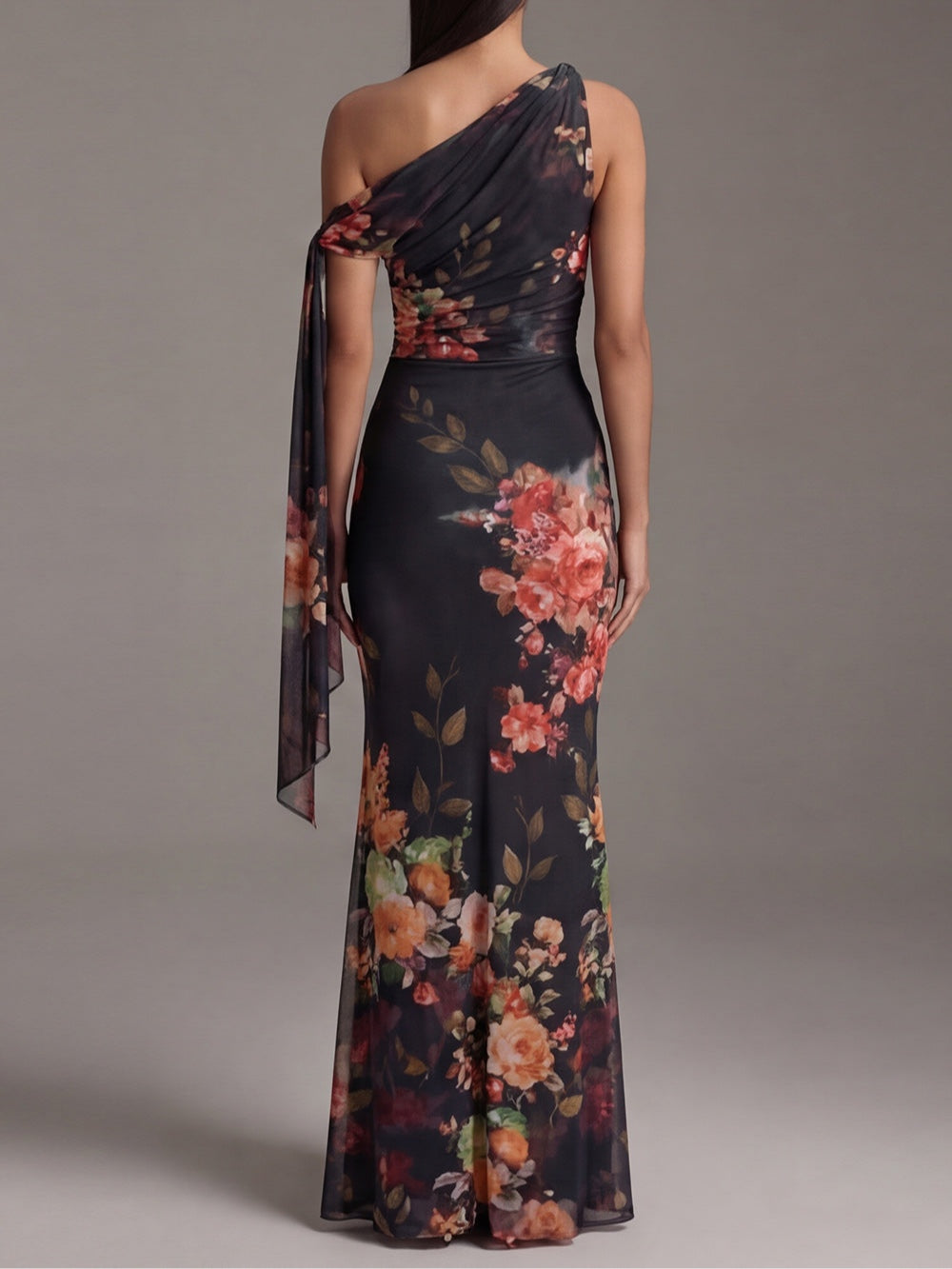 Floral Print One Shoulder Draped Sash Maxi Gown