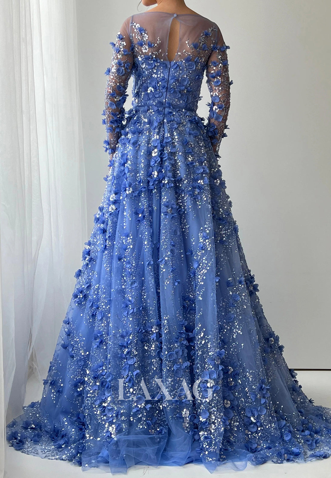 Deep V-Neck Long-Sleeves Pleated Sequined Floral Embellished Tulle A-Line Prom Dress