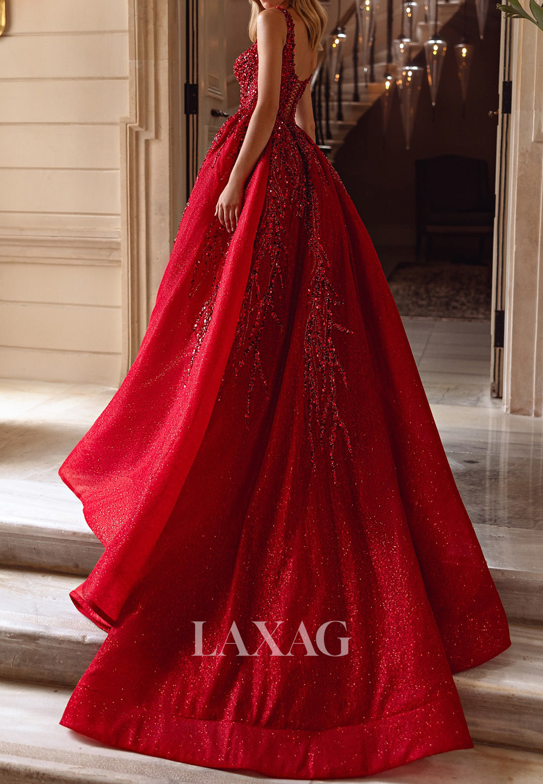 Sweetheart Spaghetti Straps Formal Gowns Sequined Beaded Glitter-Knit A-Line Evening Dress