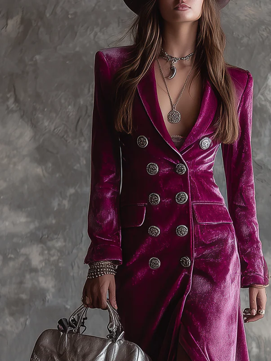 Velvet Look Double Breasted Deep V-Neck High Split Blazer Dress 2