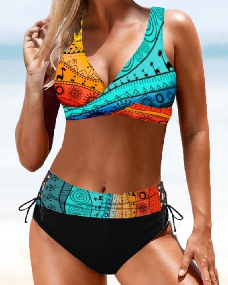 Geometric Print Twist Front High Waist Bikini Set