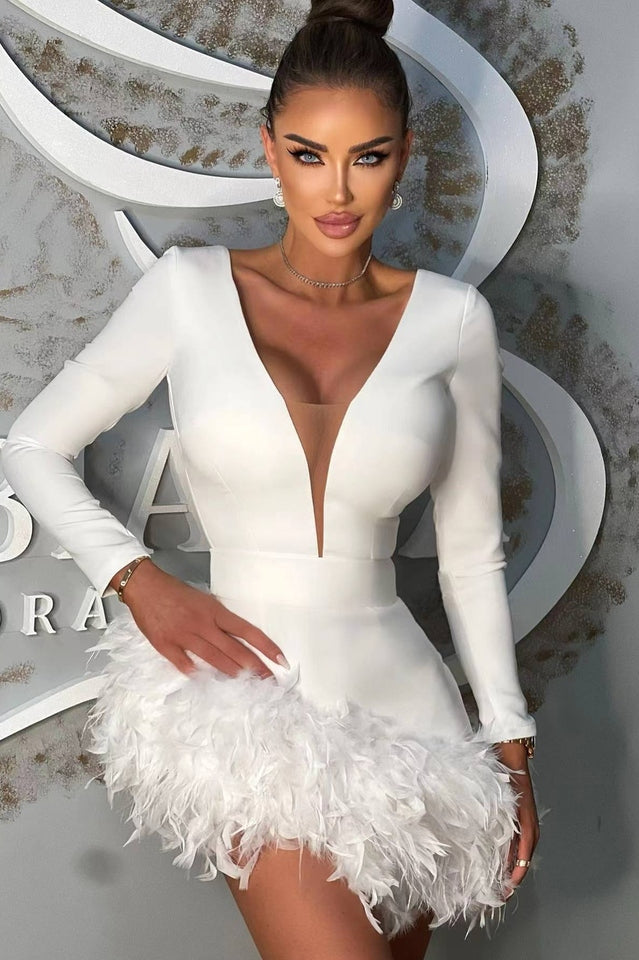 Deep V-Neck Long Sleeve Feather Trim Hem Bodycon Mini Dress