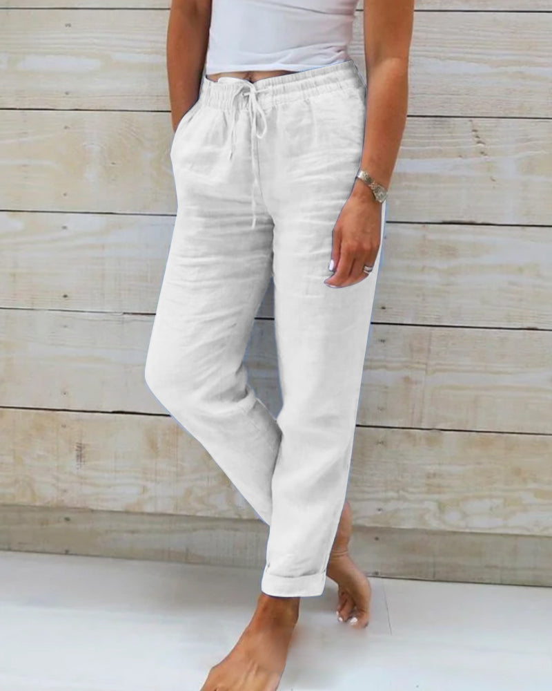 Drawstring High Waist Tapered Linen Look Pants