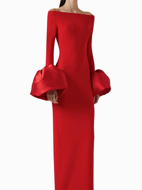 Long Sleeve Fitted Dress with Puff Sleeves and One Shoulder Neckline