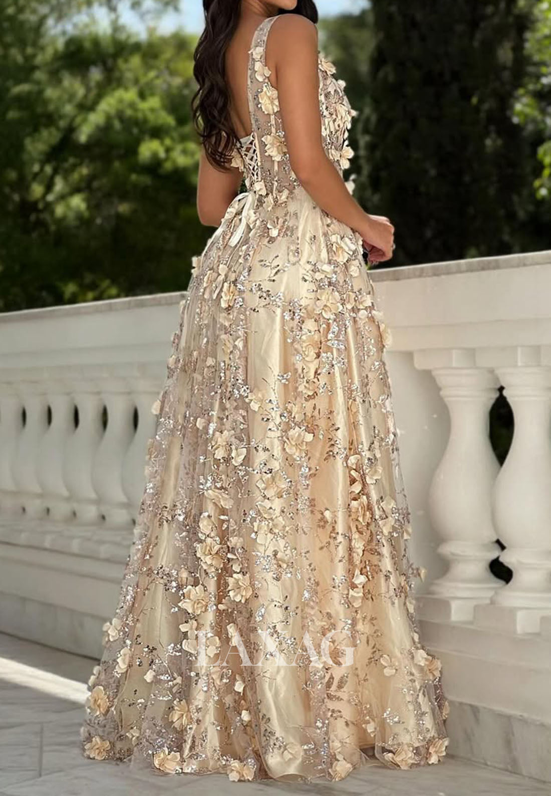 Deep V-Neck Sleeveless Floral Embellished Sequined Beaded Pleated Satin A-Line Prom Dress