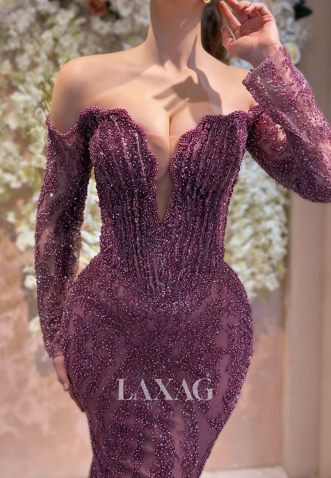 Deep V-Neck Fully Sequined Beaded Formal Gowns Long-Sleeves Floor-Length Mermaid Evening Dress