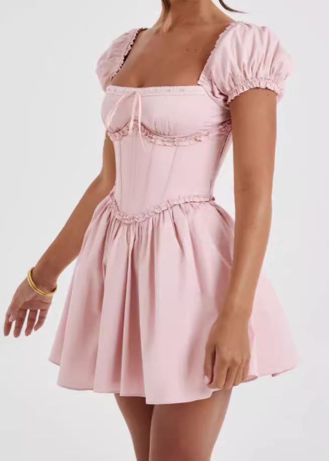 Off Shoulder Puff Sleeve Corset Ruffle Trim Fit and Flare Mini Dress