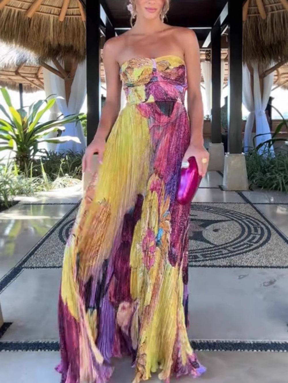 Strapless printed pleated maxi dress Yellow