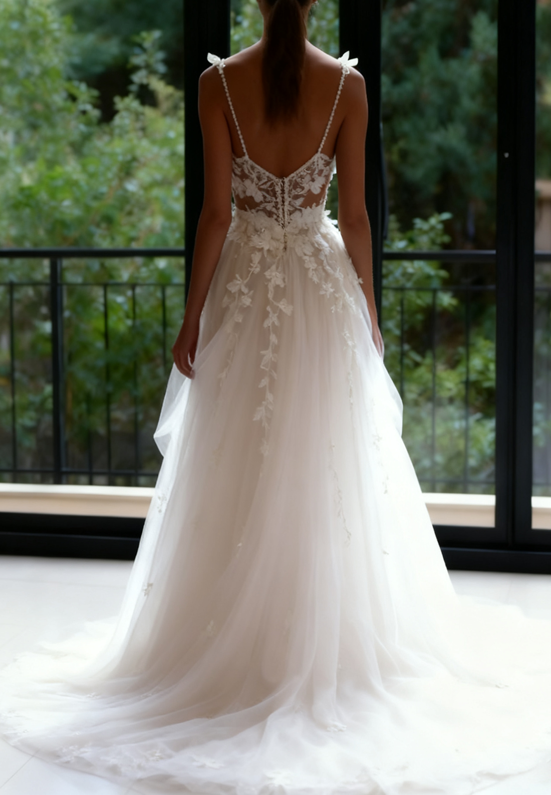 Deep V-Neck Spaghetti Straps Sleeveless Beaded Sequined Pleated Tulle A-Line Wedding Dress