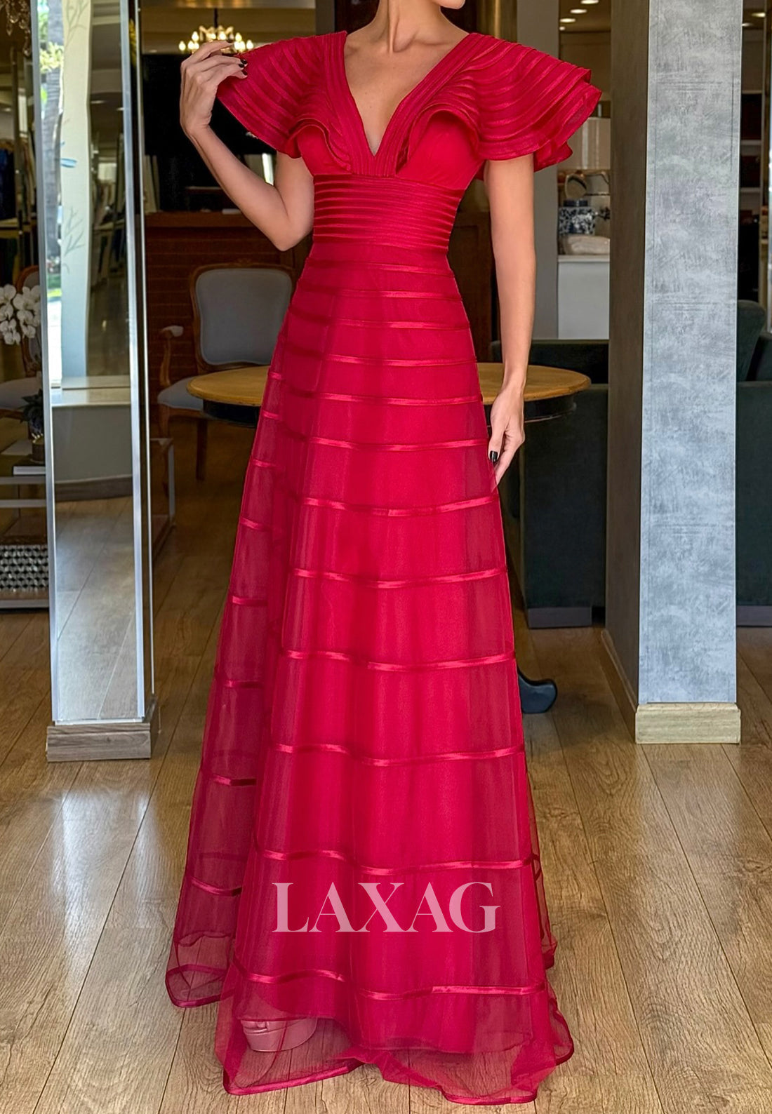V-Neck Cap-Sleeves Floor-Length Formal Gowns Tulle A-Line Evening Dress