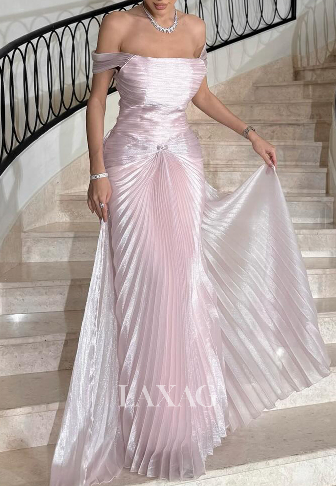 Tube Top Off-Shoulder Sleeveless Formal Gowns Pleated Glitter-Chiffon Mermaid Evening Dress