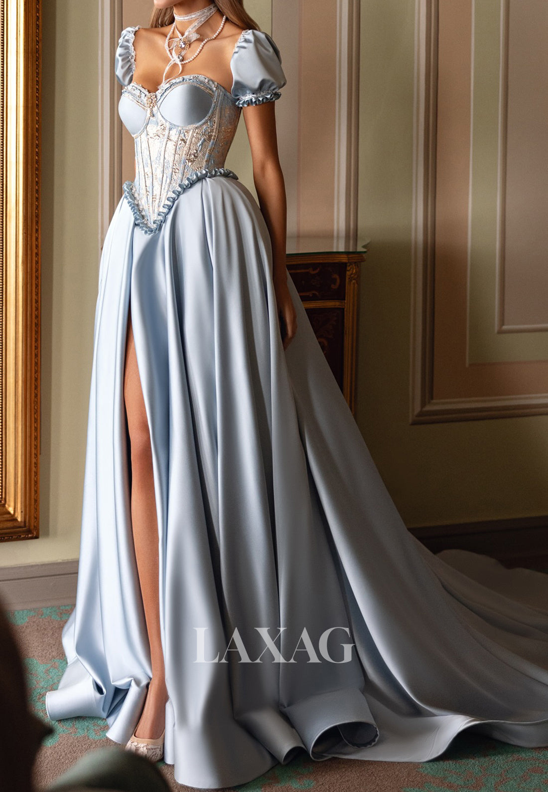 Cap-Sleeves Sweetheart A-Line Evening Dress Beaded Pleated Satin High Slit Formal Gowns