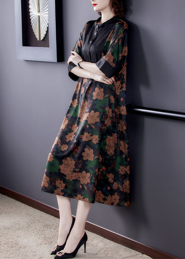 Floral Print Contrast Yoke Button Collar Wide Sleeve Contrast Cuff A-Line Midi Dress