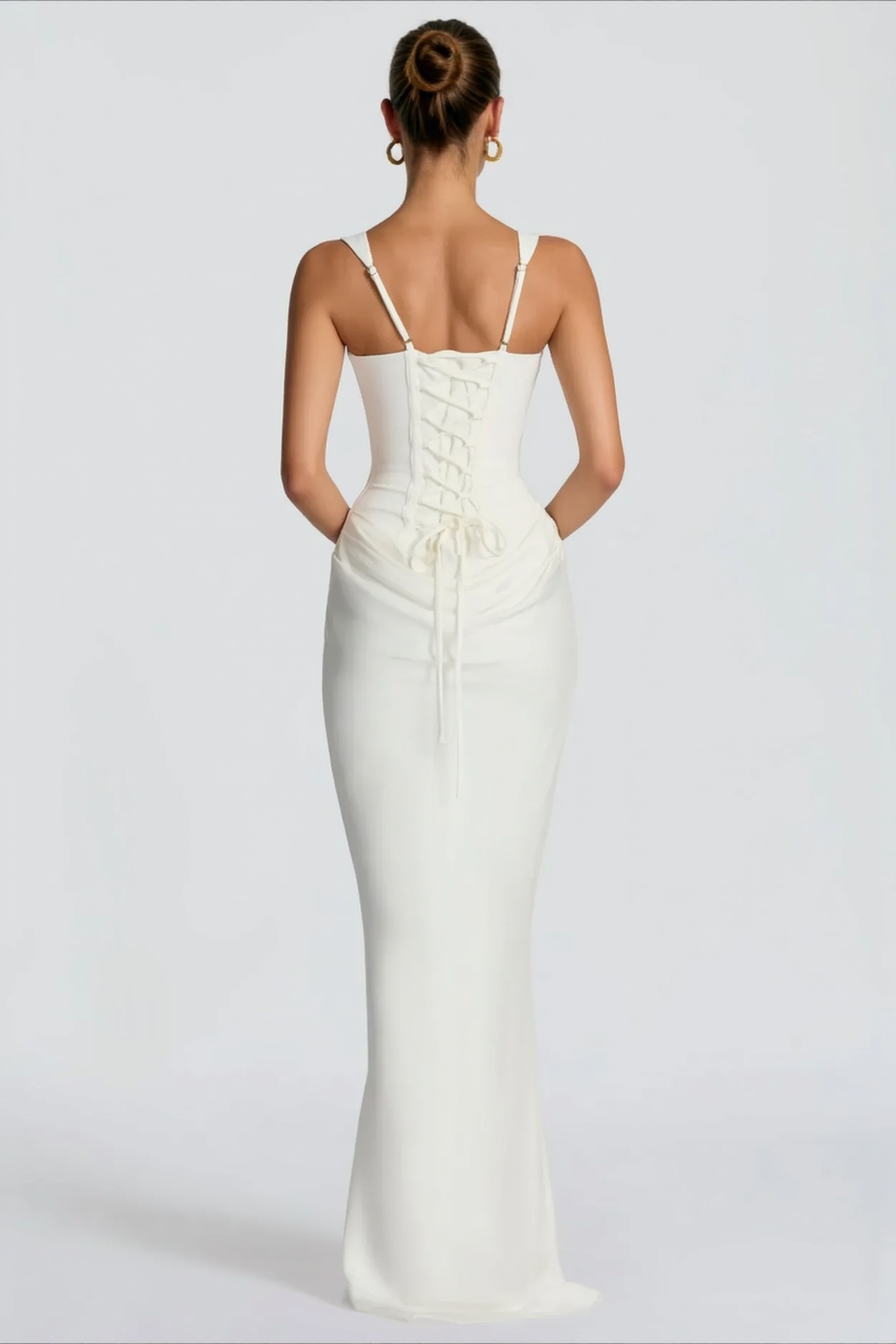 Square Neck Corset Bodice Draped Hip Sleeveless Mermaid Maxi Dress 4