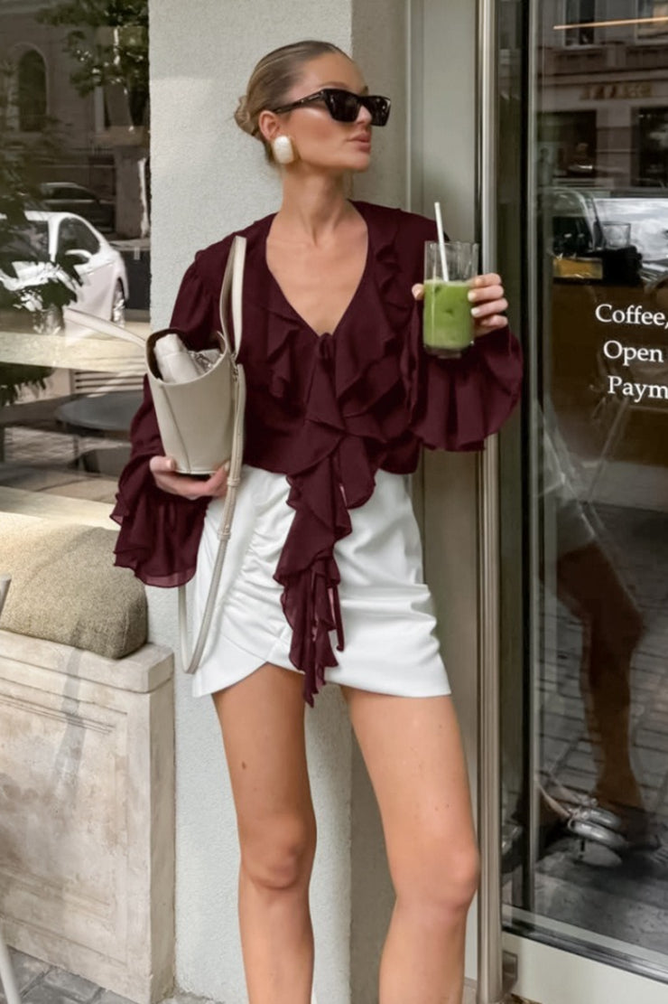 Deep V-Neck Cascading Ruffle Front Flare Sleeve Chiffon Blouse 2