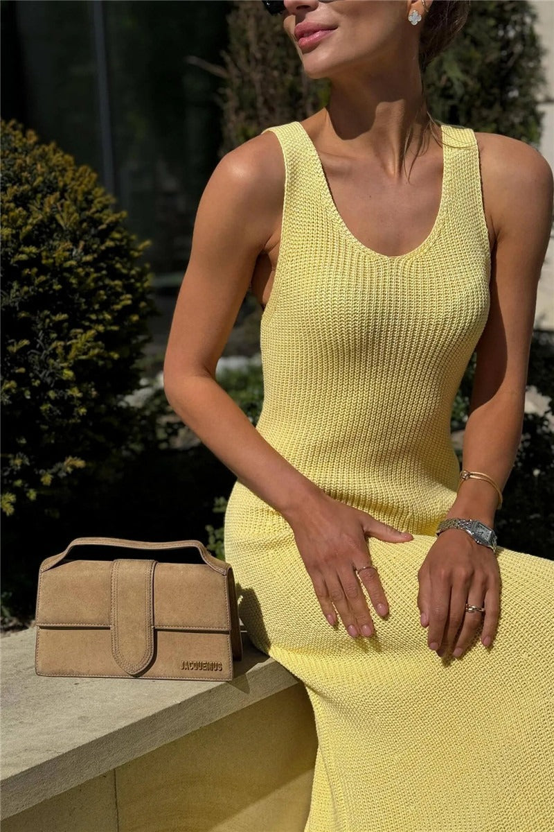 Solid Color Street Style Sleeveless Maxi Knit Graceful Summer Sweater Dress