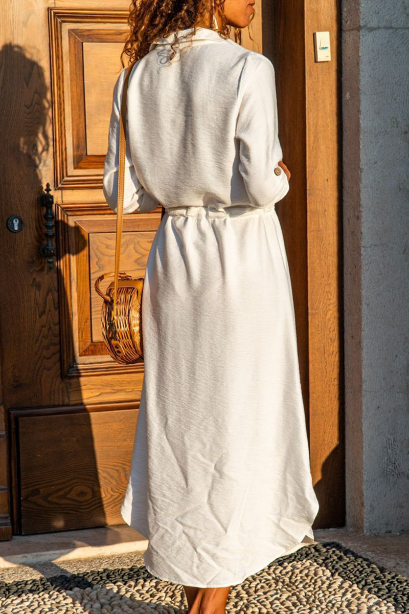 Collar Button Front Patch Pocket Drawstring Waist High Split Maxi Dress