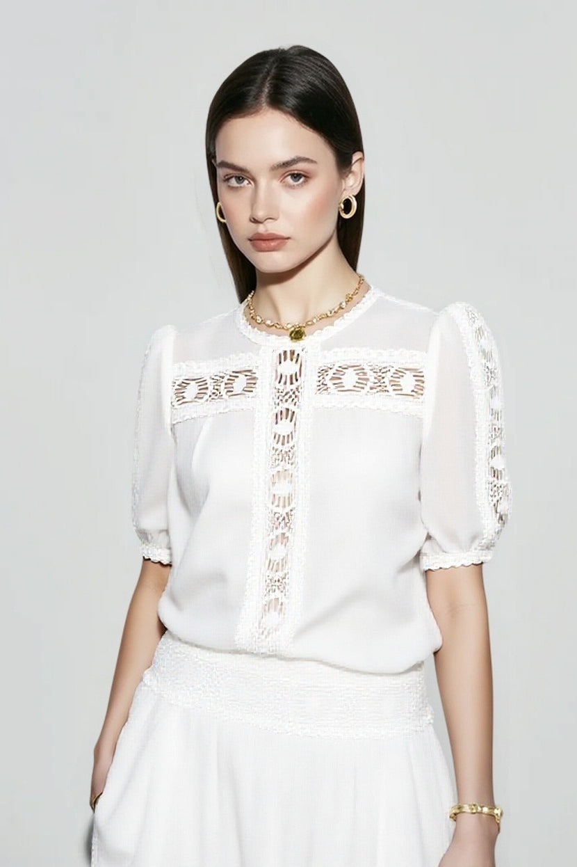 Lace Trim Short Sleeve Blouse and Smocked Waist Mini Skirt Two Piece Set 2