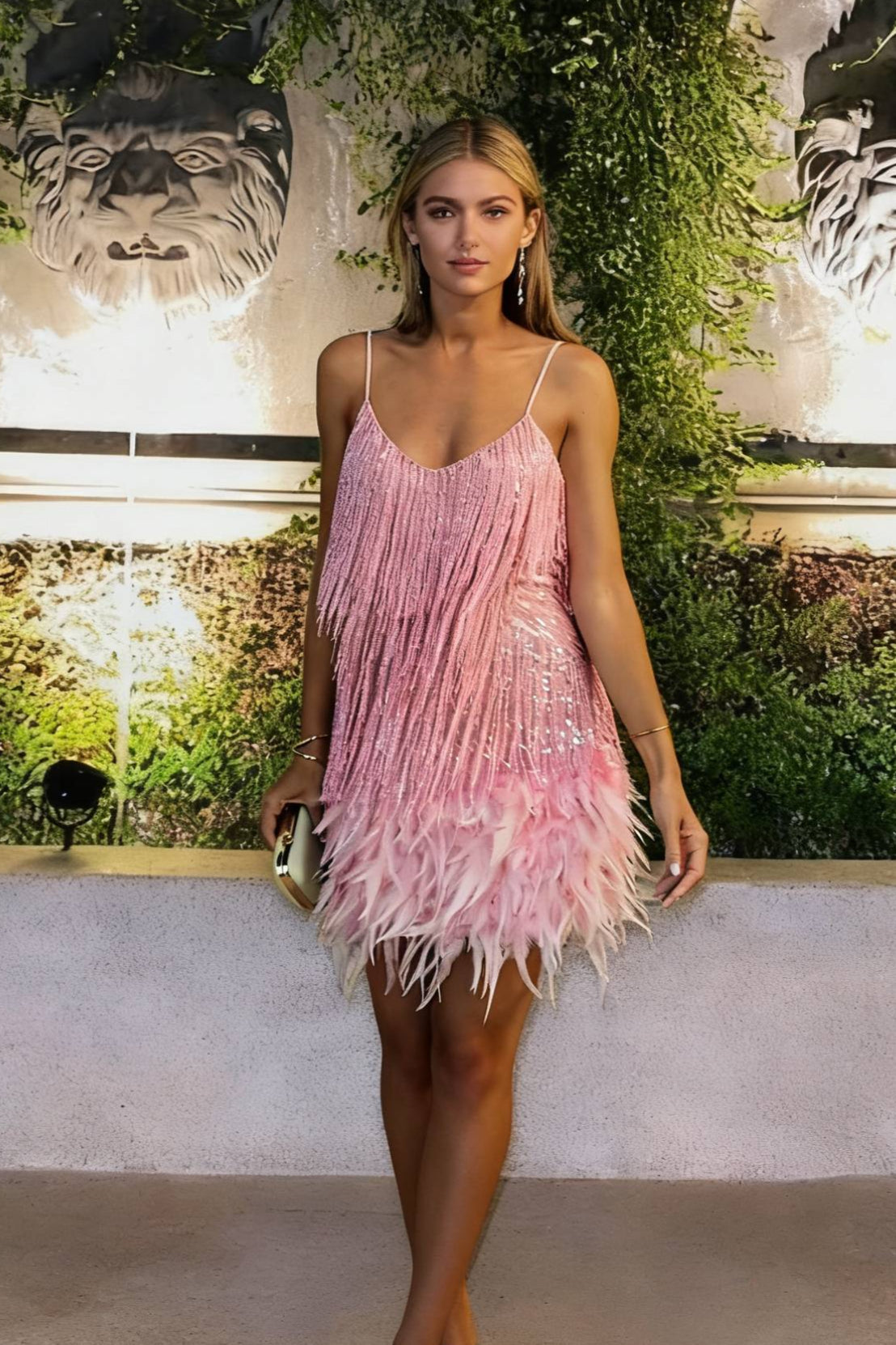 Sequin V-Neck Sleeveless Feather Bodycon Mini Evening Dress - View 3