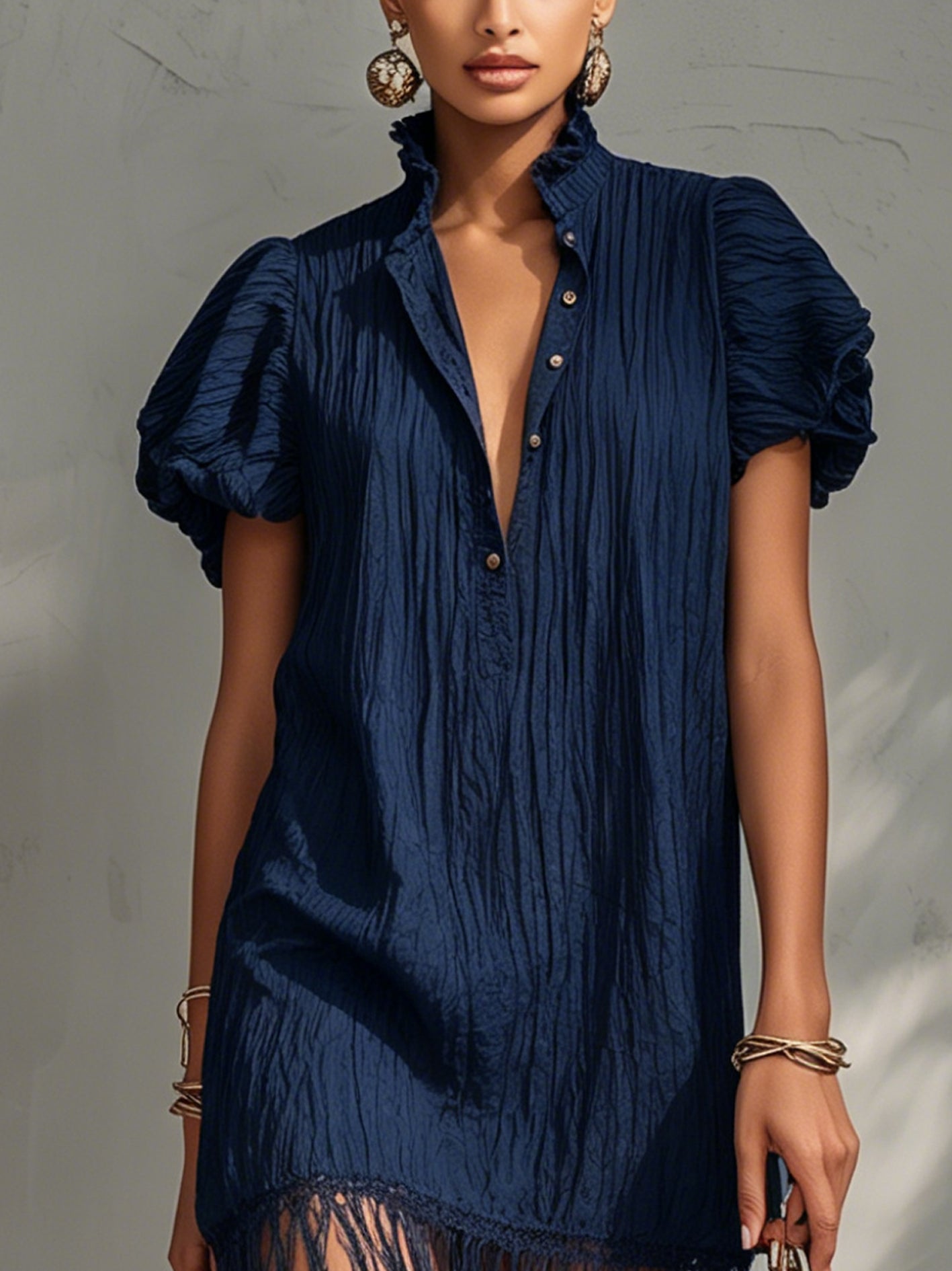 Elegant Navy Textured Mini Dress with Fringes
