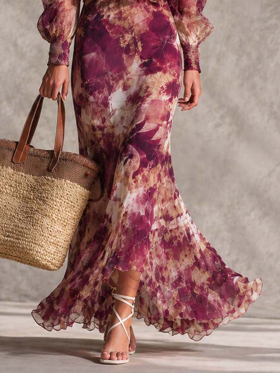 Floral Print Off Shoulder Long Sleeve Smocked Ruffle Maxi Dress