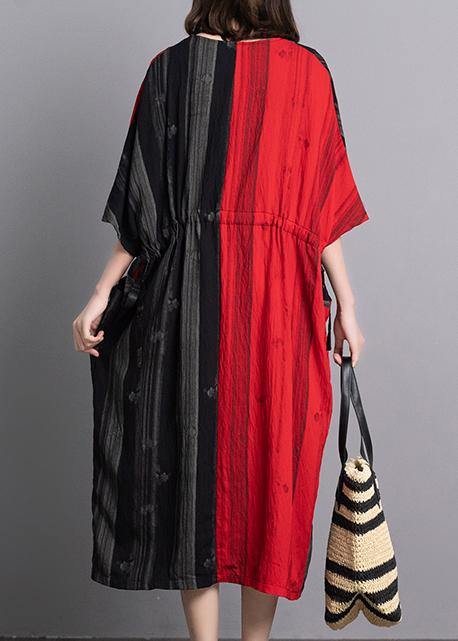 V-Neck Short Sleeve Contrast Patch Pocket Vertical Stripe Panel Oversized Midi Dress