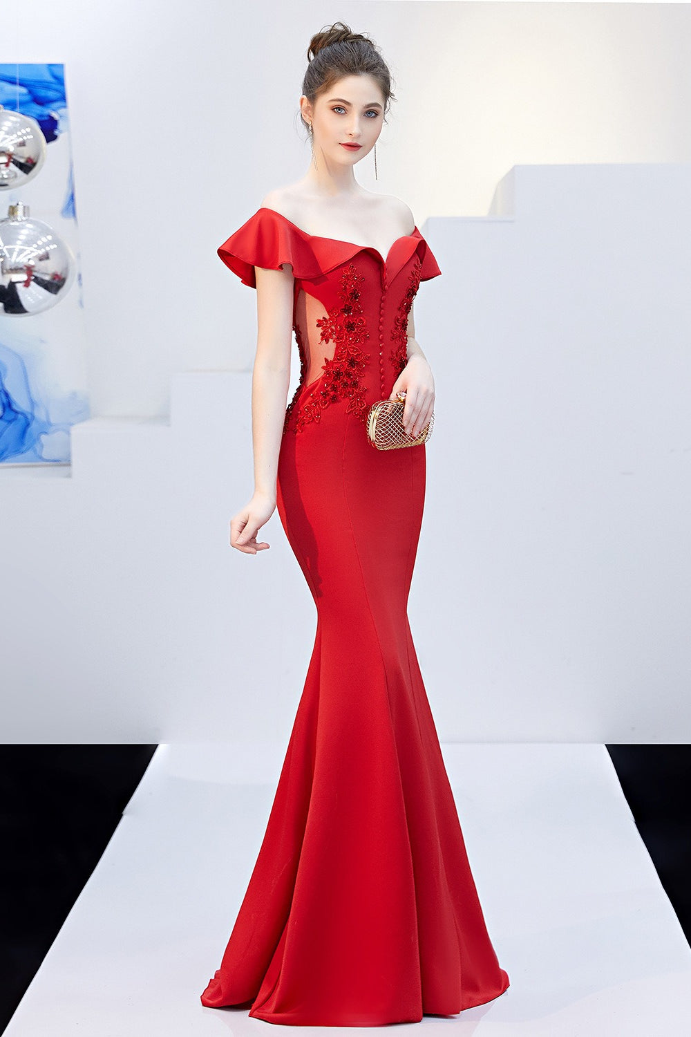 Off Shoulder Ruffle Beaded Mermaid Formal Gown