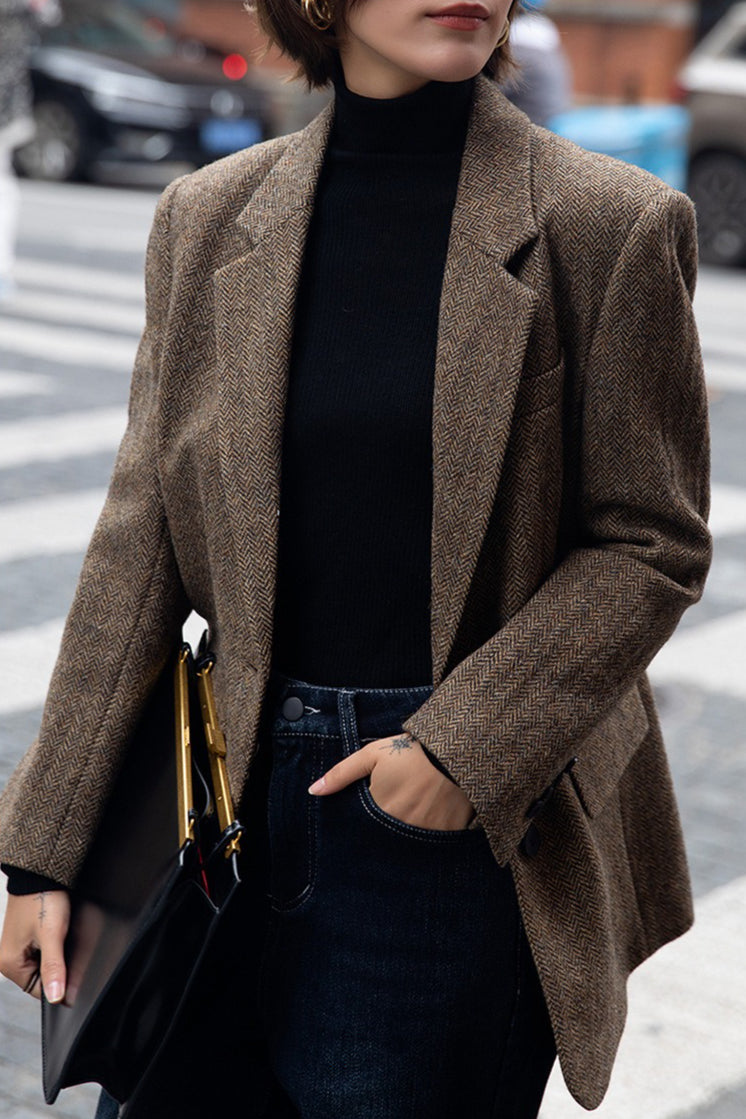 Herringbone Wool Blend Relaxed Blazer
