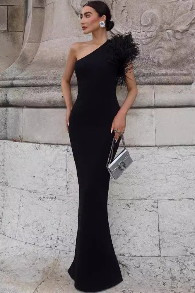 OneShoulder Feather Trim Party Dress