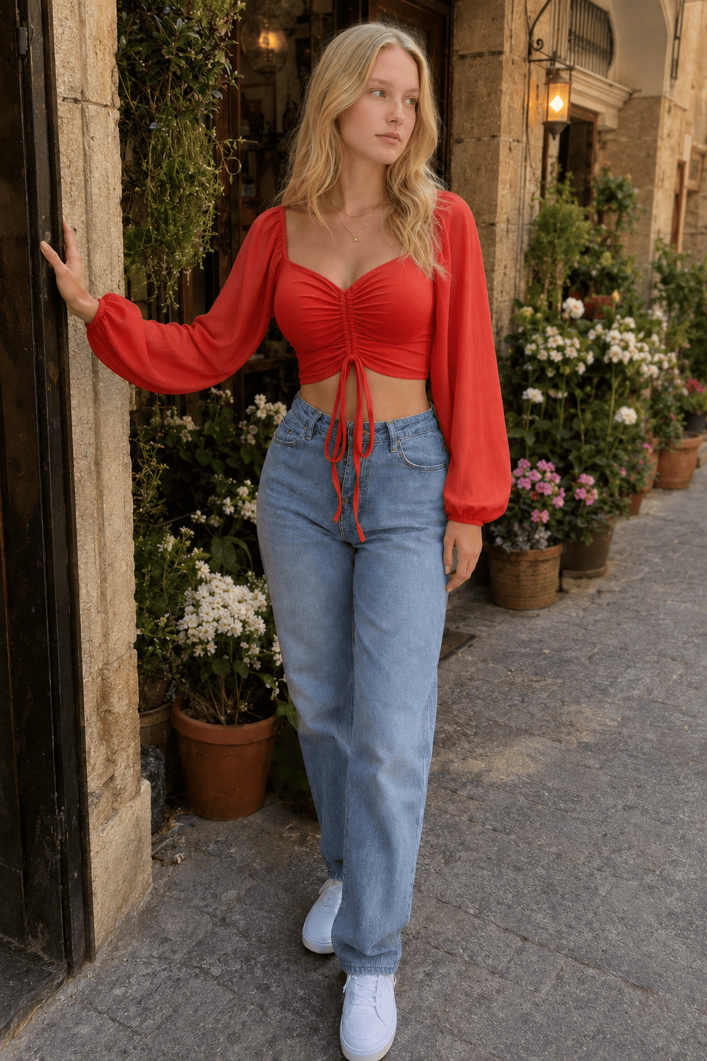 ALLUKASA Sexy Mesh Lantern Sleeve Crop Top