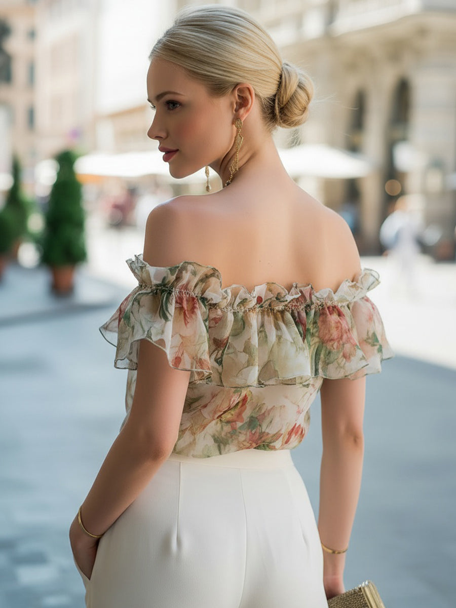 Floral Off Shoulder Ruffle Chiffon Top