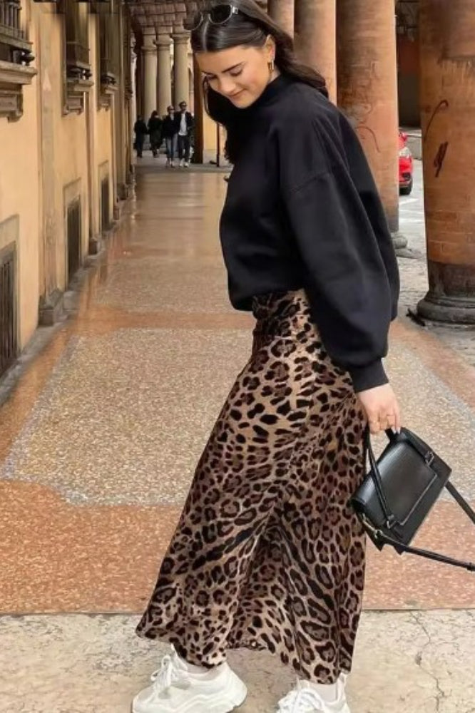 Leopard Print Draped Satin Flowy Midi Skirt 3