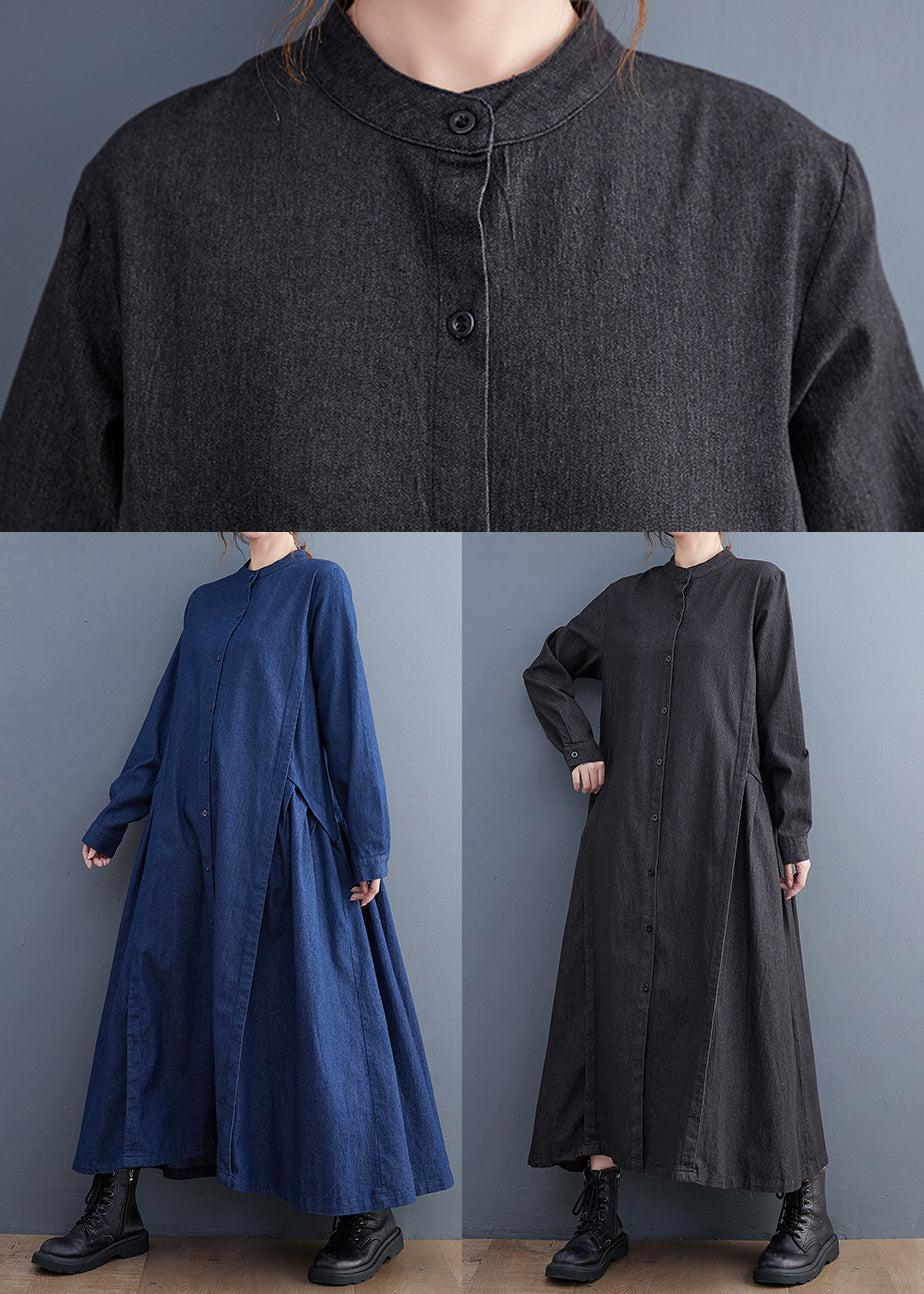Denim Mandarin Collar Button Front Pleated Side Panel Long Sleeve Maxi Dress