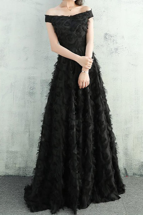Feather Fringe Off Shoulder A-Line Formal Gown