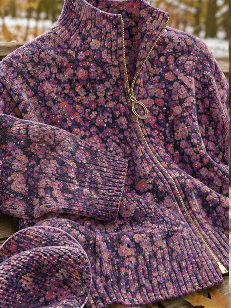 Ditsy Floral Print Zip Front Stand Collar Cardigan