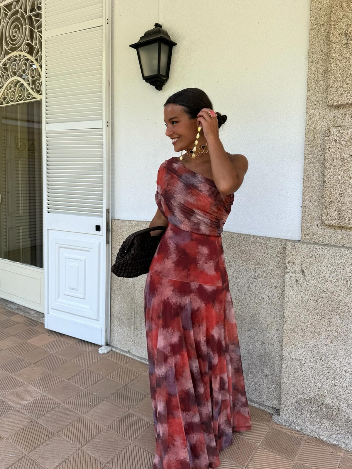 Abstract Print One Shoulder Ruched Flared Maxi Dress
