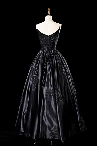 Chic Black Satin Long Prom Dress A Line Party Evening Gown cc1437