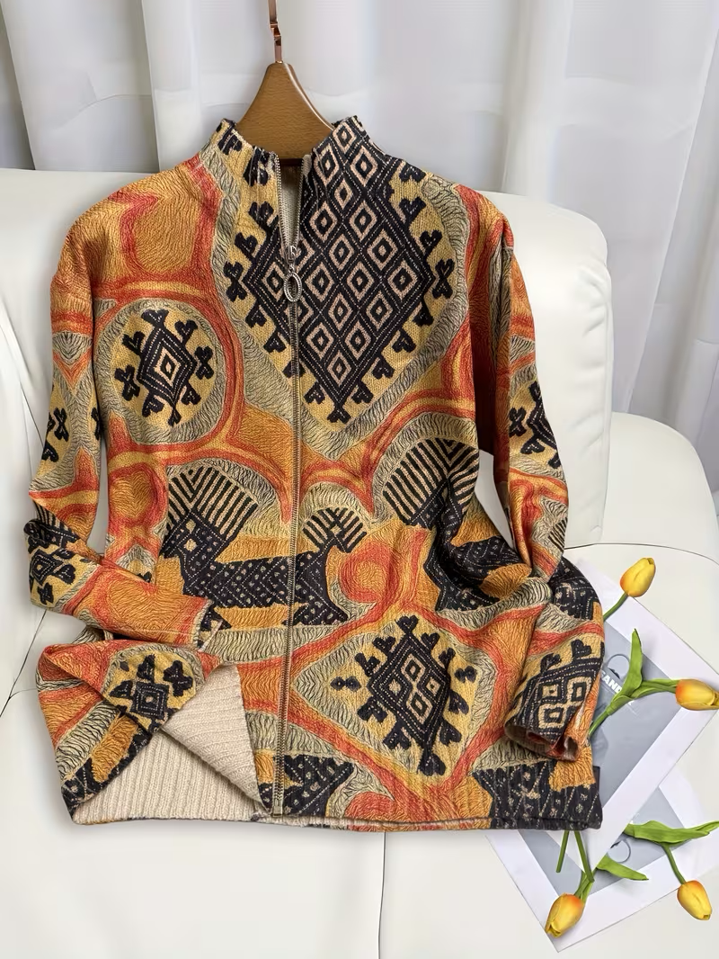 Aztec Print Zip Front Stand Collar Cardigan