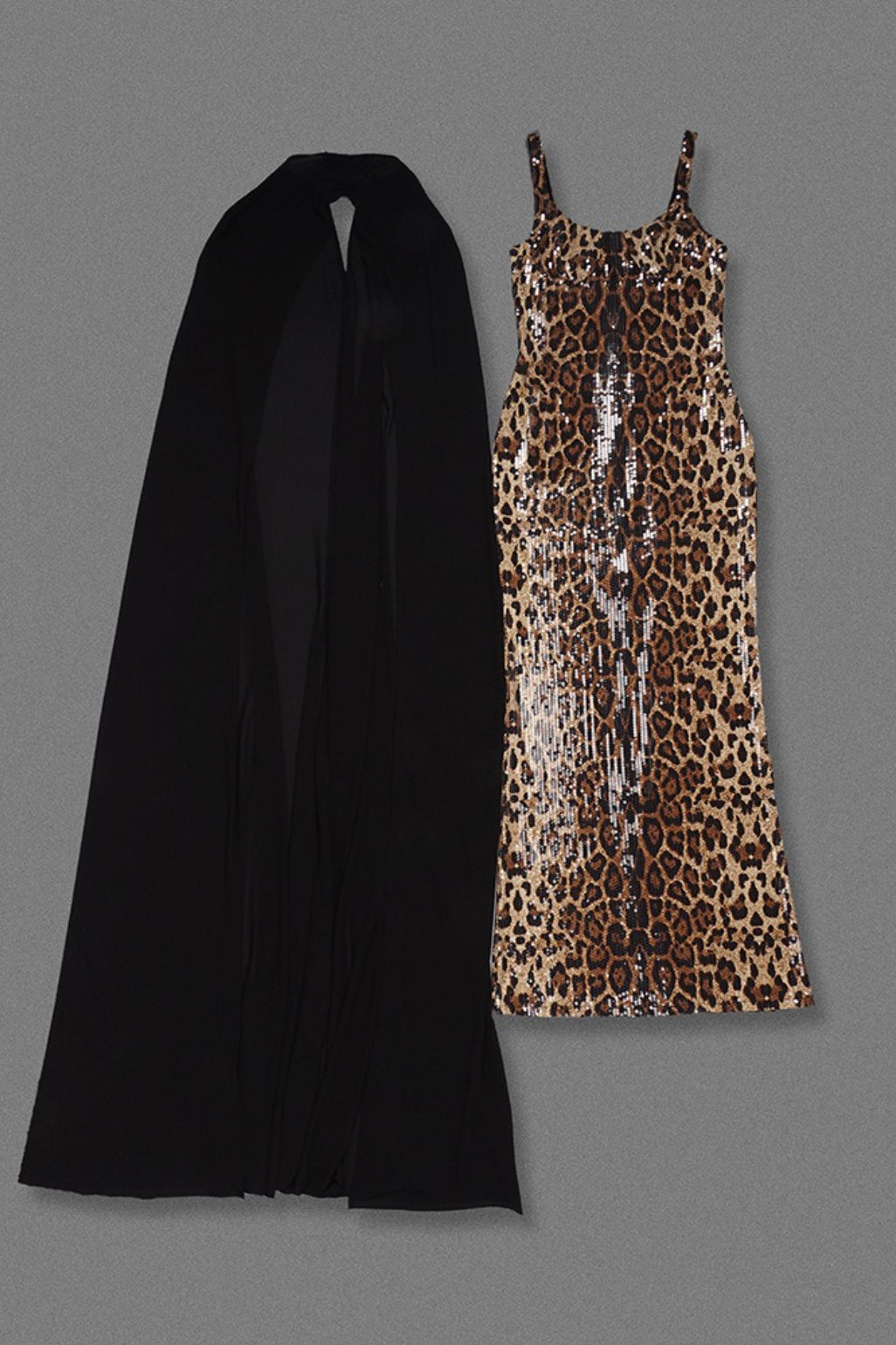 Leopard Sequin Sheer Cape Cut Out Mermaid Maxi Gown