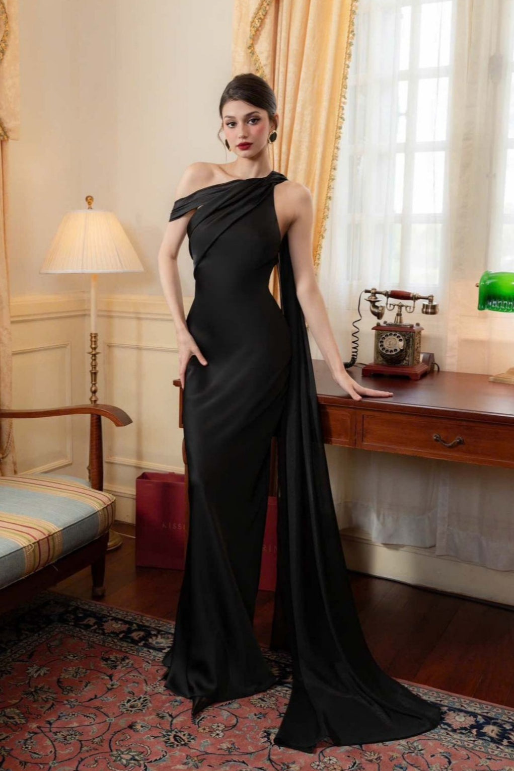 Satin One Shoulder Draped Cape Sheath Gown