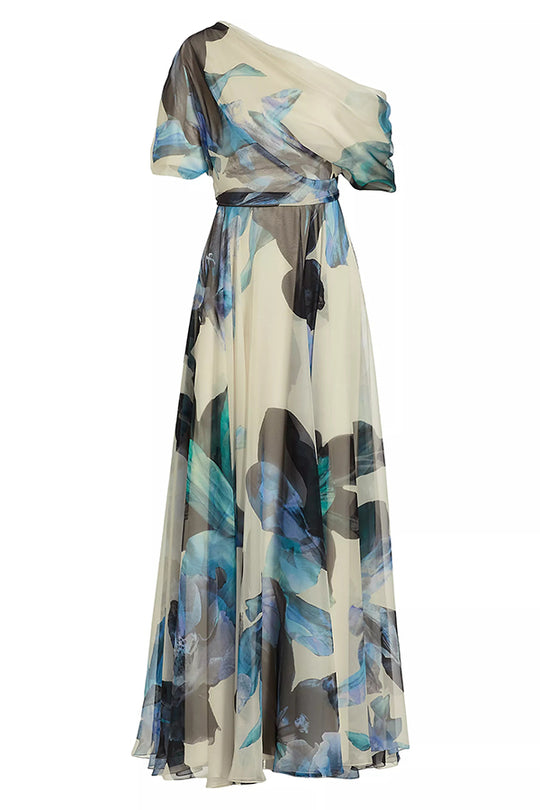 Sandy Aesthetic Unique Printed Bohemian Short Sleeve One Shoulder Maxi Dress Premium Edit