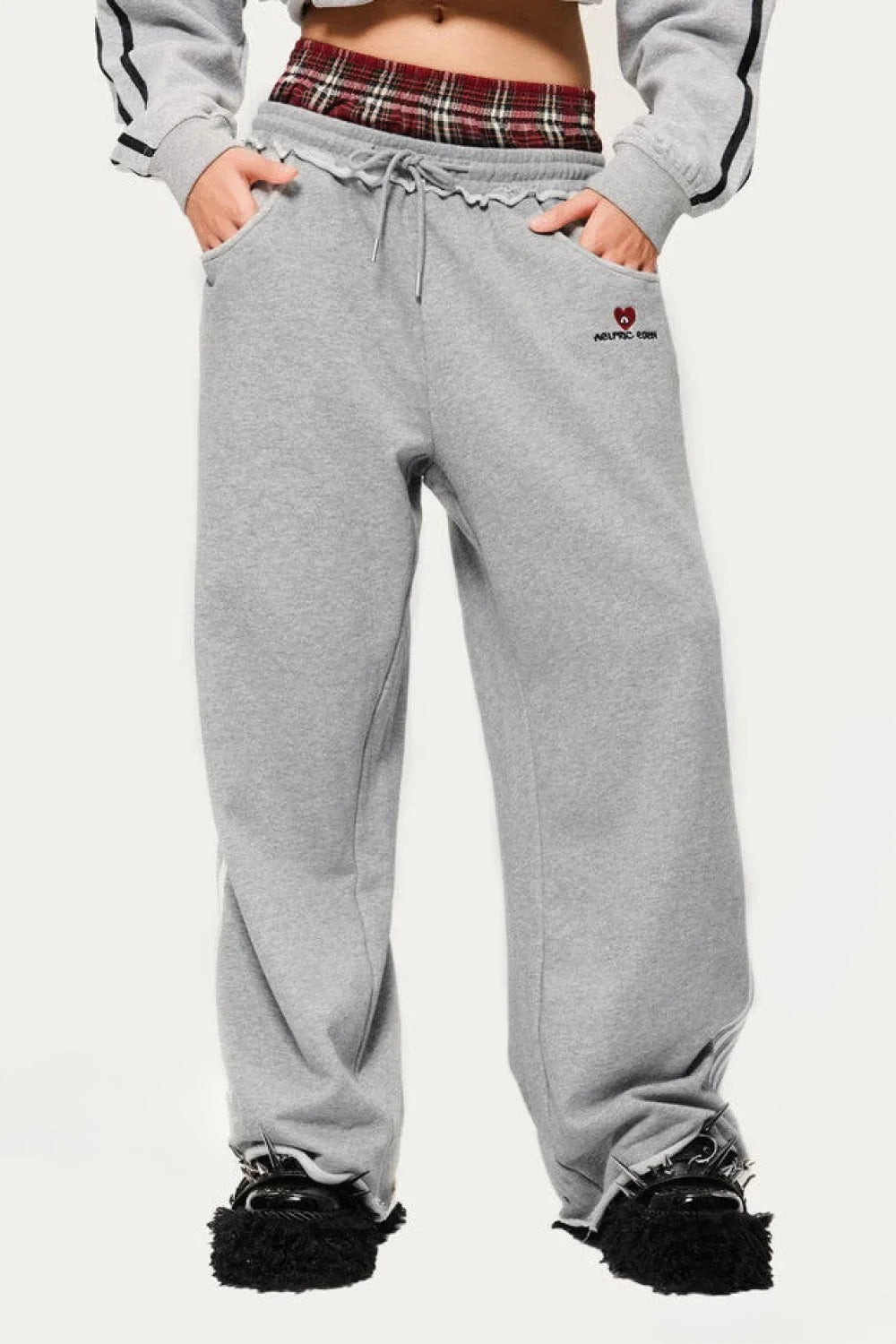 Plaid Double Waist Drawstring Side Stripe Wide Leg Jogger Pants 4
