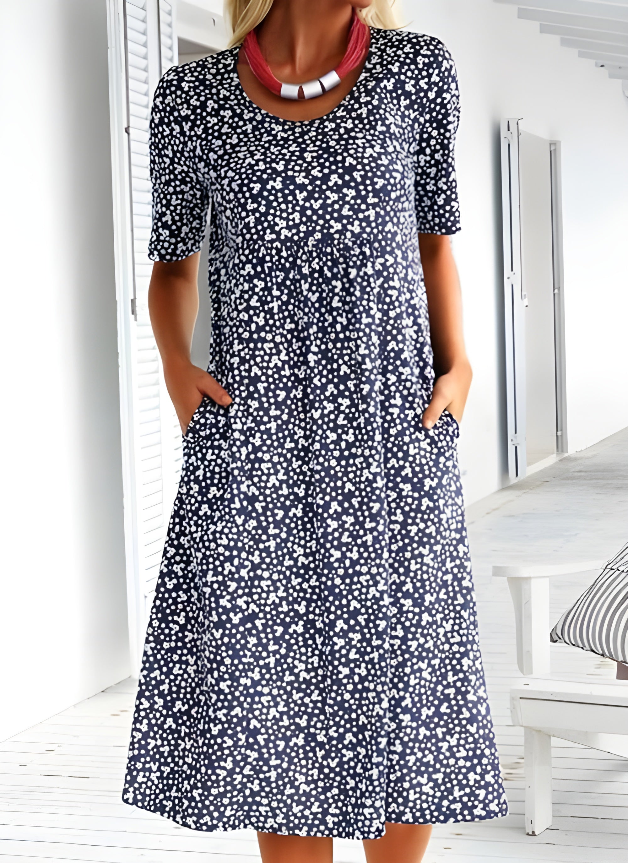 Ditsy Floral Short Sleeve Pocket Shift Midi Summer Dress