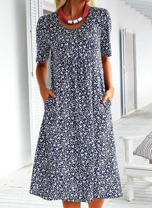 Ditsy Floral Round Neck Short Sleeve Pocket Midi Dress 4